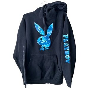 Playboy Hoodie Sweatshirt Long Sleeve Blue Camo Logo Chest Sleeve Size Medium